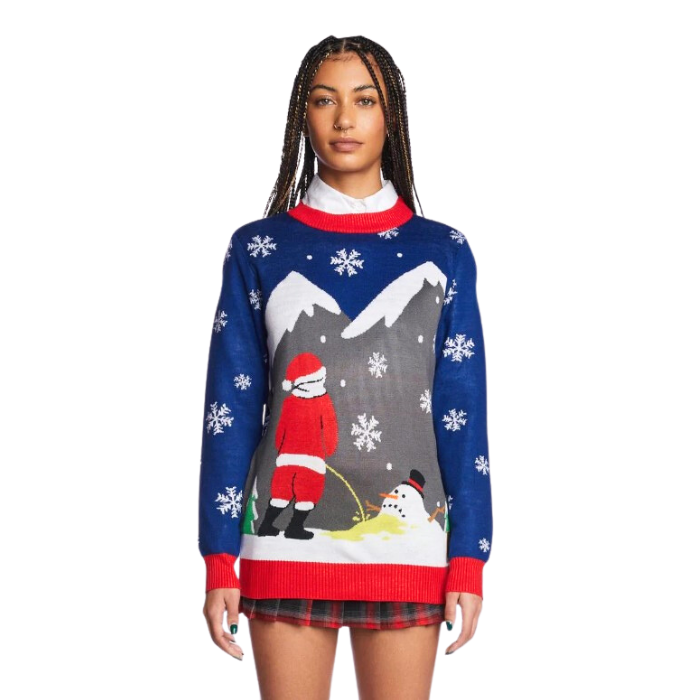 Ugly sweater santa shop peeing