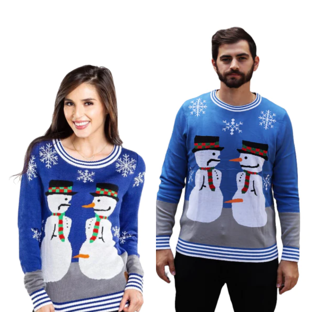 Couple - Snowman Nose Thief Blue Christmas Sweater