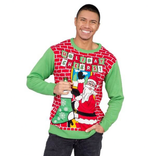 Men's Ugly Christmas Sweater Pullover Ribbed Knit Cropped Knitted Santa Claus Crew Neck